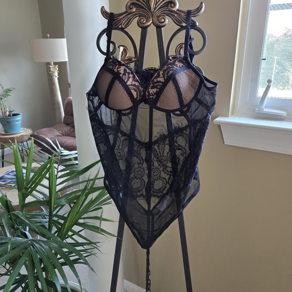 Miss Circle Black Sheer Lace Mesh Corset Bustier Bodysuit Size Large